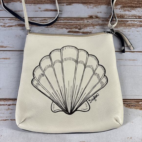 Brighton Seashell Beach Mini Messenger Crossbody Bag Cream/Navy Leather - Picture 1 of 4